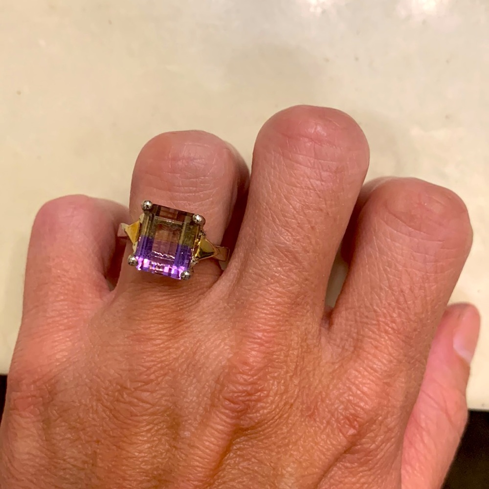 14k white gold, Natural Ametrine, emerald cut ring.